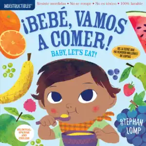 Bilingual baby book cover with fruits and toddler.
