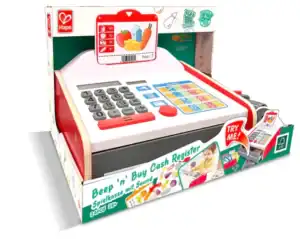 Toy cash register with colorful buttons in box.