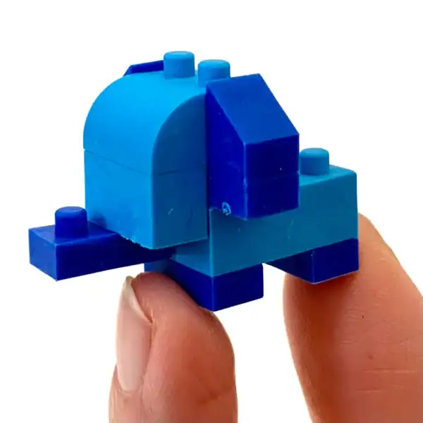 Blue toy elephant made of building blocks.
