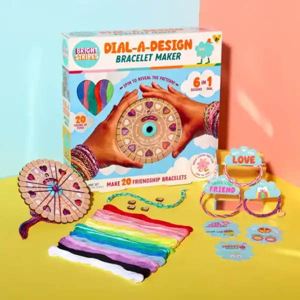 Colorful bracelet maker kit with threads and designs.