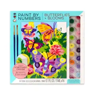 Paint by numbers kit with butterflies and blooms.