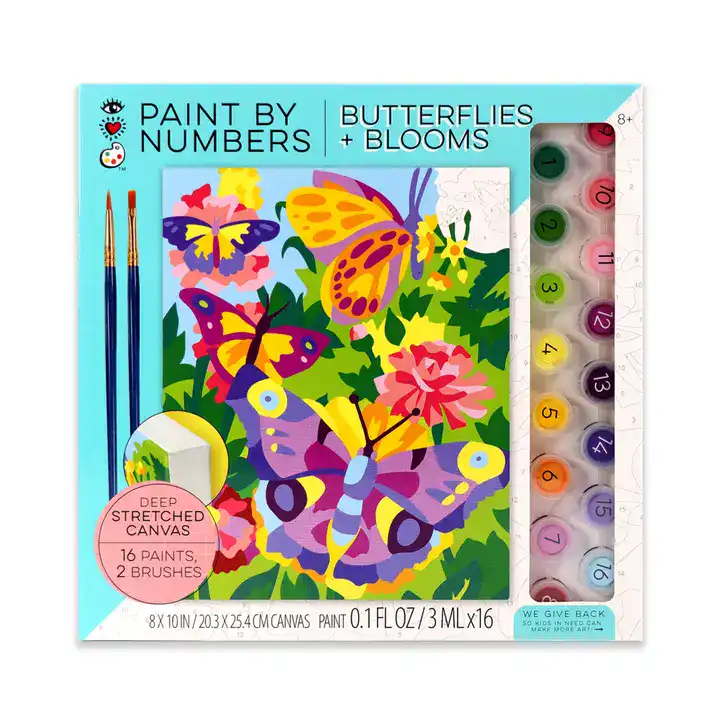 Paint by numbers kit with butterflies and blooms.