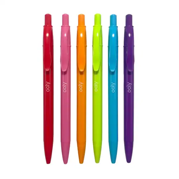 Six colorful pens in bright hues lined up.