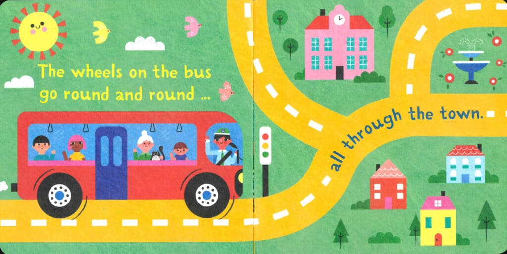 Illustration of a bus driving through a colorful town.
