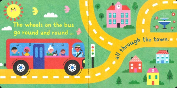 Illustration of a bus driving through a colorful town.
