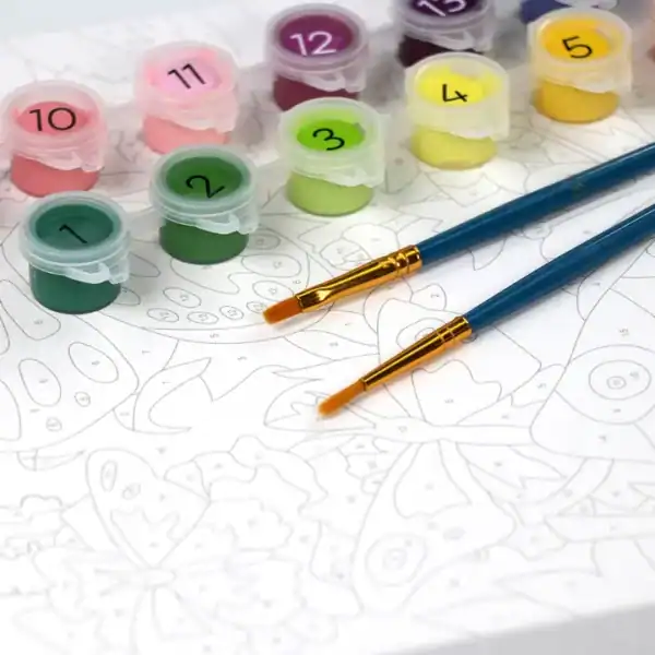 Paint by numbers kit with brushes and paints