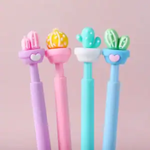 Colorful cactus-themed pens with plant designs.
