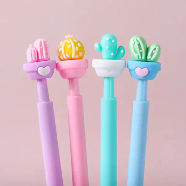 Colorful cactus-themed pens with plant designs.