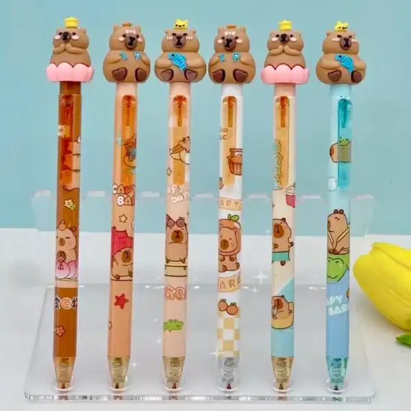Cute bear-themed pens with colorful designs.