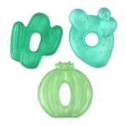 Three green cactus-shaped teething toys for babies.