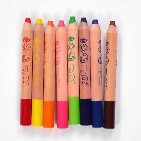 Colorful jumbo pencils arranged in a row.