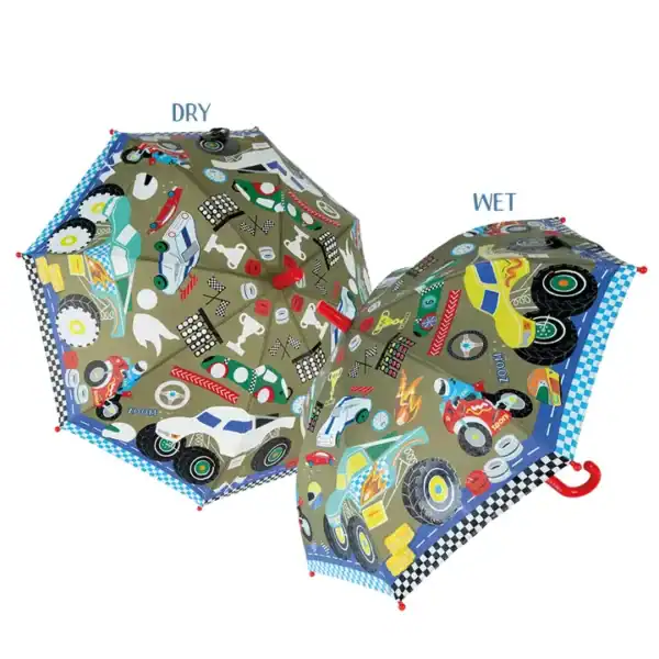 Colorful car-themed umbrellas, dry and wet comparison.