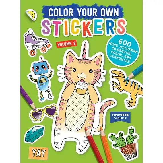 Color Your Own Stickers book with various cartoon designs.