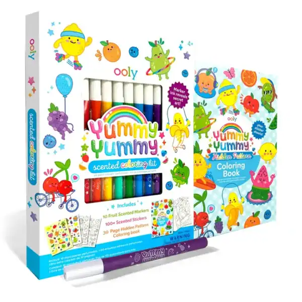 Yummy scented coloring kit with markers and stickers.