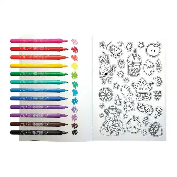 Colorful pens with cute coloring page designs.
