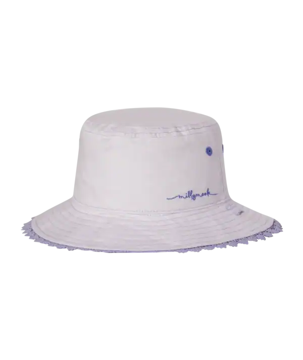 Lilac bucket hat with embroidered logo.