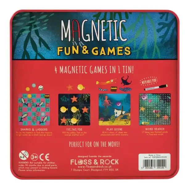 Magnetic games tin with four games inside.