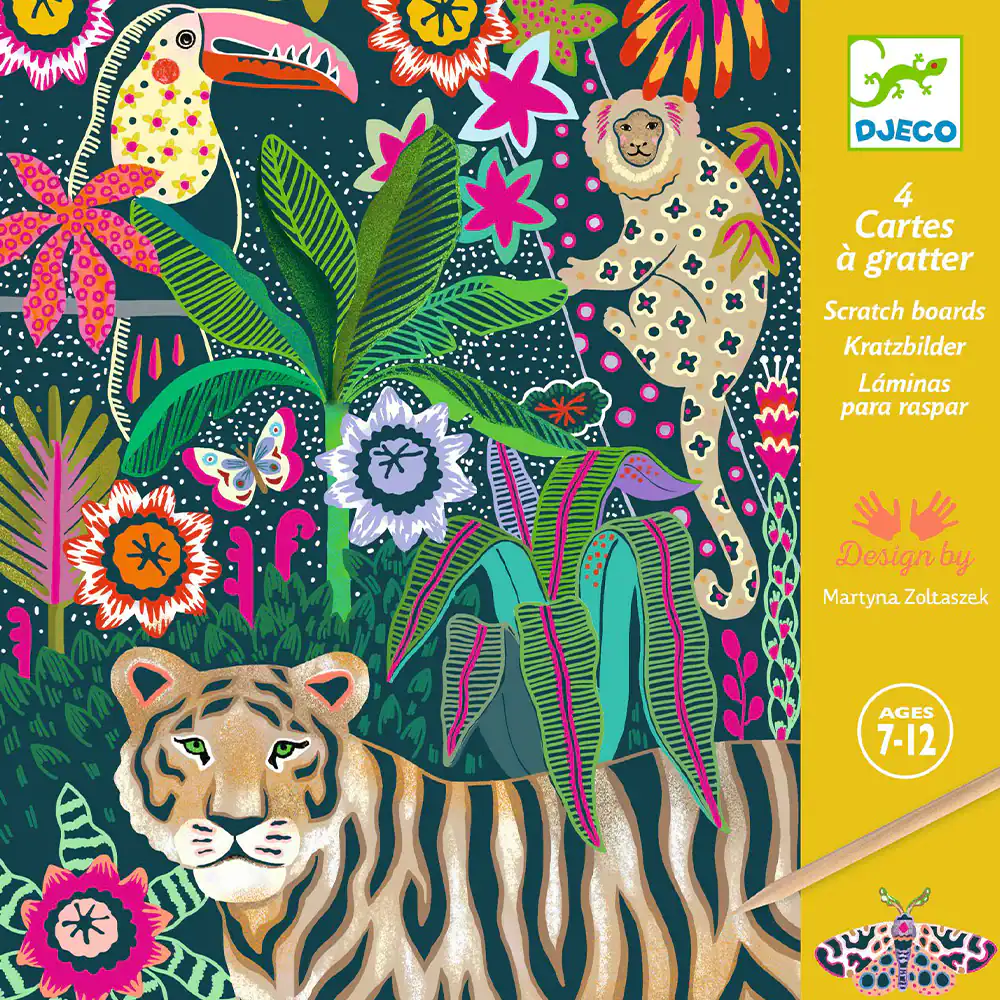 Colorful jungle illustration with animals and flowers.