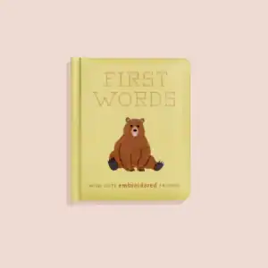 First Words book with embroidered bear cover.