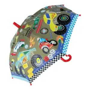 Colorful umbrella with racing cars design.