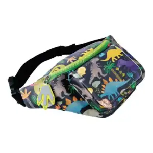 Colorful dinosaur print fanny pack with green zipper.