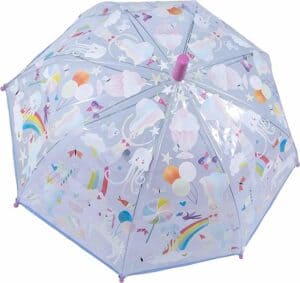 Colorful illustrated kids umbrella with unicorns and rainbows.