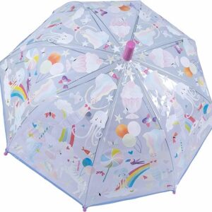 Colorful illustrated kids umbrella with unicorns and rainbows.