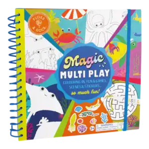 Colorful activity book for kids with stickers.