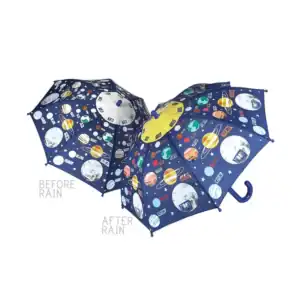 Color-changing umbrellas with space pattern, before and after rain.