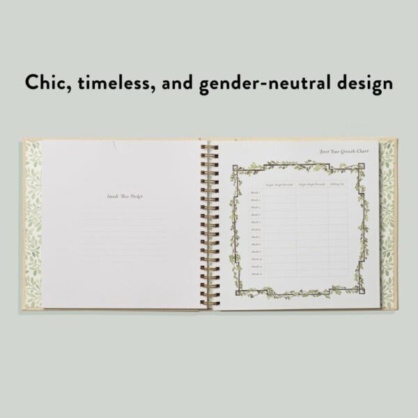 Open baby book with growth chart and notes.