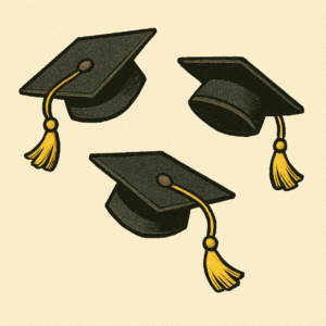 Three black graduation caps with tassels.