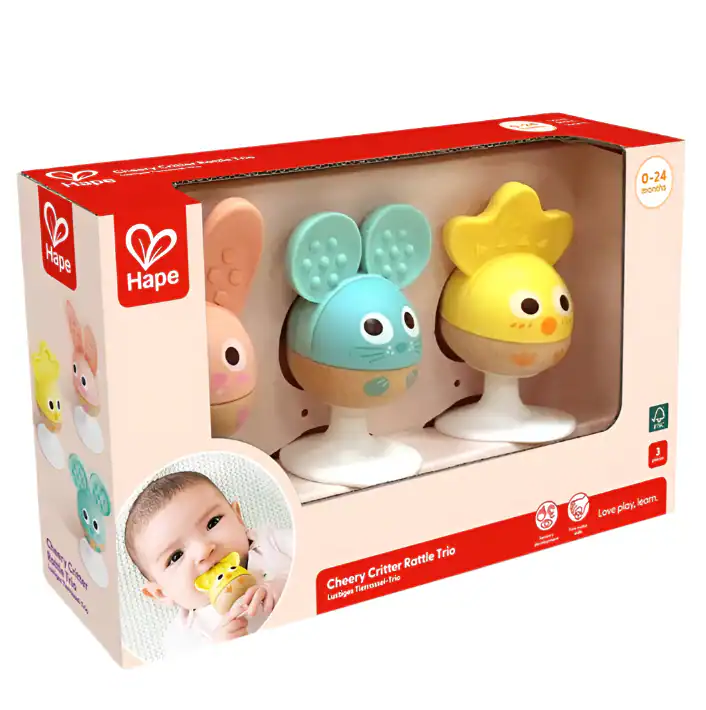 Cheery Critter Rattle Trio packaging, baby toy set