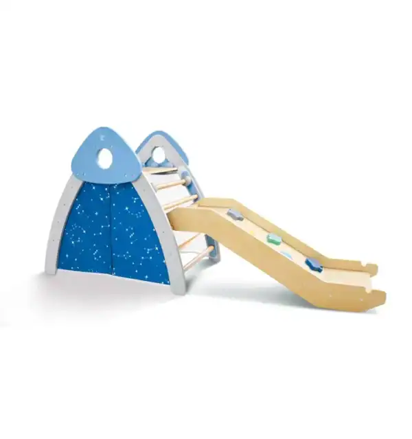 Children's indoor climbing playset with slide and stars.