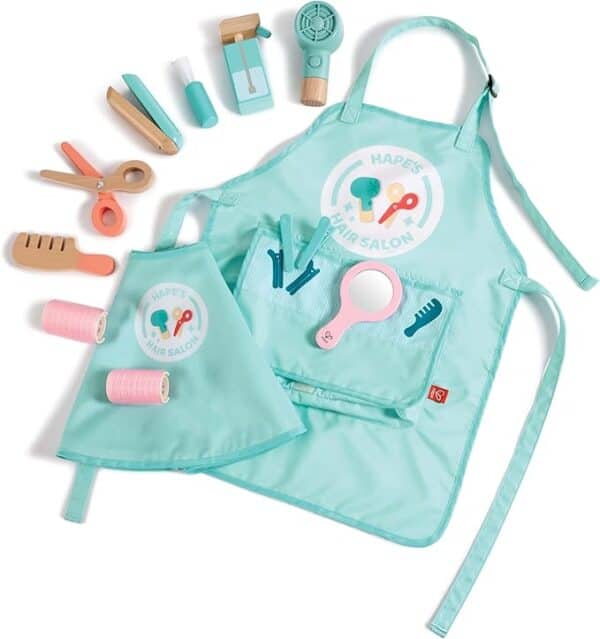 Children's hair salon playset with apron and tools.