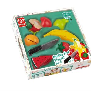 Toy fruit playset with knife and assorted fruits.