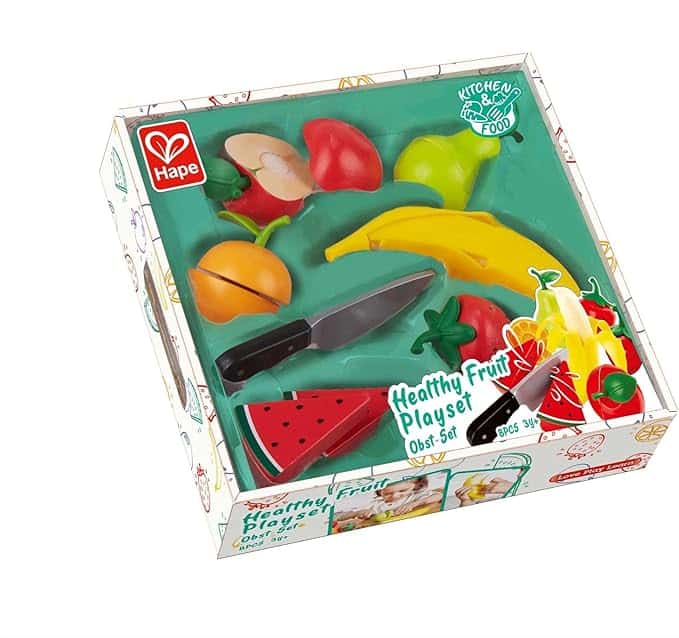 Toy fruit playset with knife and assorted fruits.
