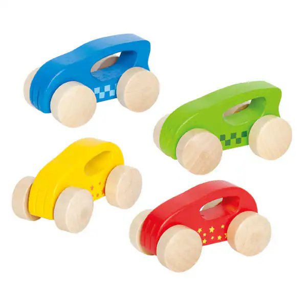Colorful wooden toy cars on white background