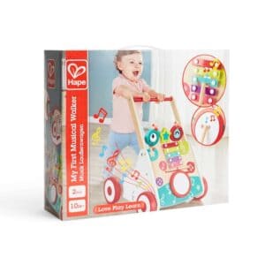 Child using colorful musical walker toy.