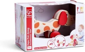 Hape wooden pull-along dog toy packaging