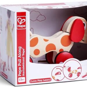 Hape wooden pull-along dog toy packaging