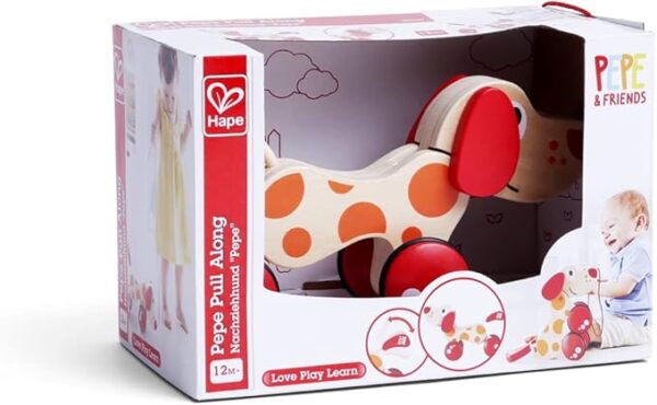 Hape wooden pull-along dog toy packaging