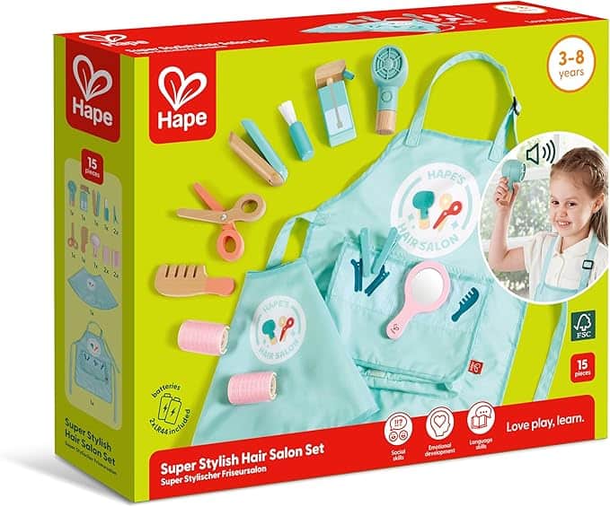 Hape toy hair salon set for children.