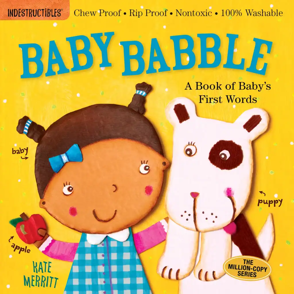 Baby Babble book cover with baby and puppy.
