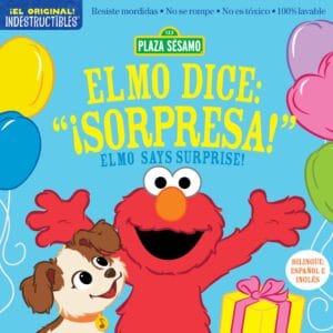 Elmo and dog with balloons and gift.