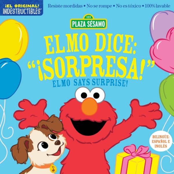 Elmo and dog with balloons and gift.