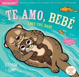 Illustrated book cover: otters hugging, bilingual title.
