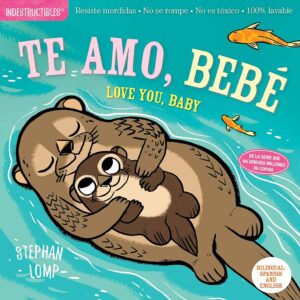 Illustrated book cover: otters hugging, bilingual title.