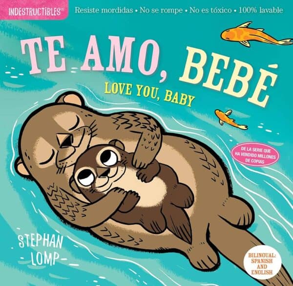 Illustrated book cover: otters hugging, bilingual title.