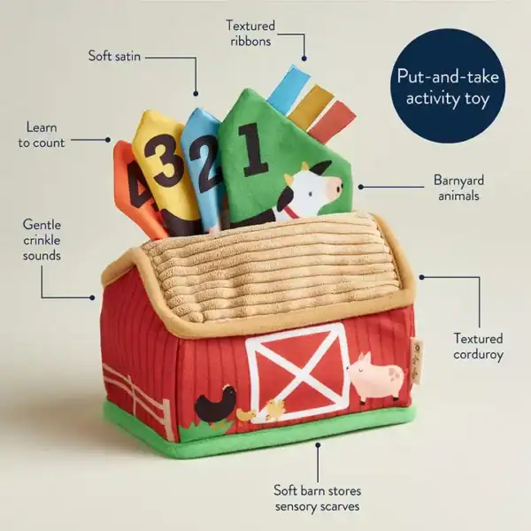 Sensory barn toy with numbers and textures.