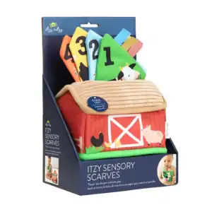 Itzy Ritzy Sensory Scarves in box with barn design.